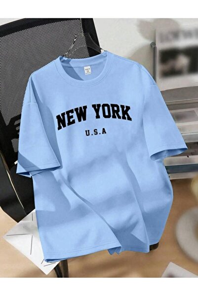 caddekombin New York U.S.A Printed Cotton Combed Blue T-Shirt