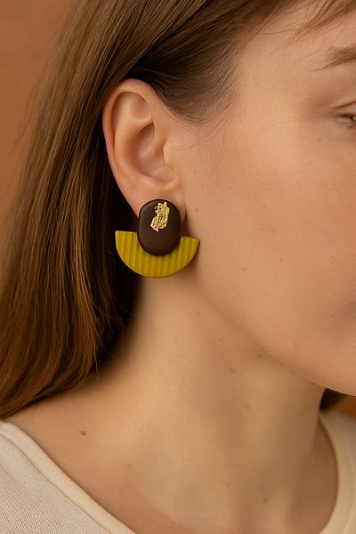 kaikosa Special Design, Handmade Polymer Clay Green Brown Leafy Lightweight Handmade Handmade Earrings