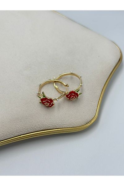 MyladyAccessoriess Rose and Pearl Detail Premium Hoop Earrings Red