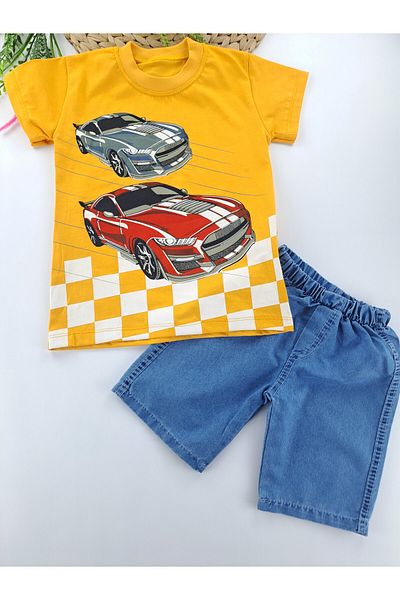 Butik Boy's Car Printed Denim Shorts T-Shirt Set of Two