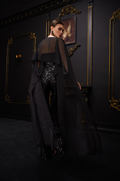 Gira official Siyah Payetli Şifon Bluz Detaylı Tulum