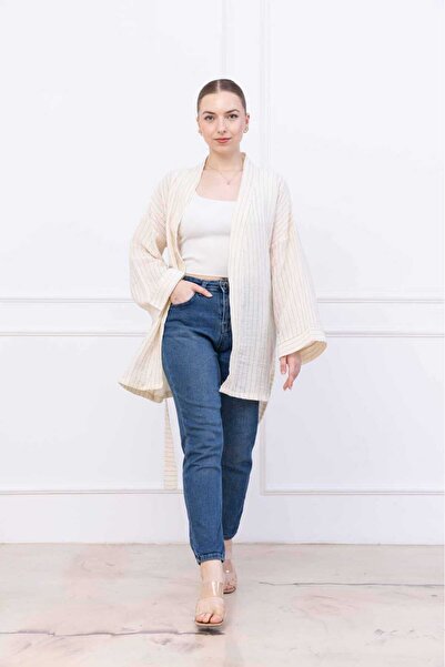 COTTOWOO Ekru Müslin Kimono %100 Pamuk Pareo Panço