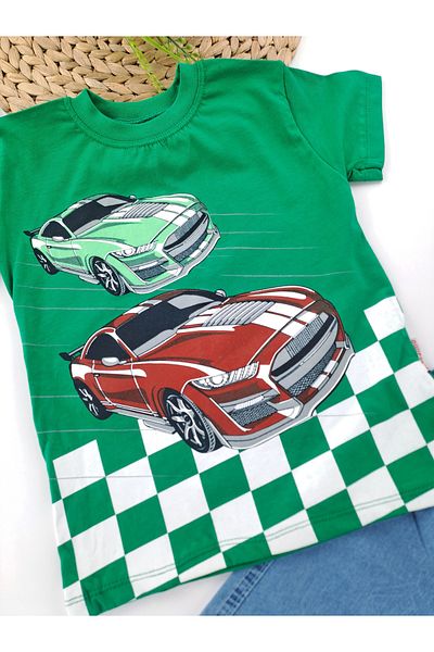 Butik Boy's Car Printed Denim Shorts T-Shirt Set of Two