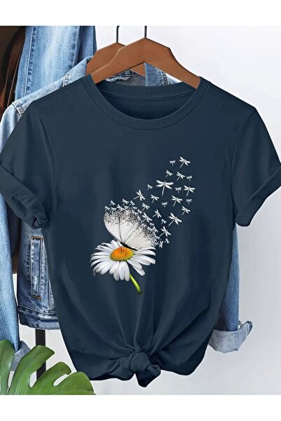 caddekombin White Daisy Printed Women's Cotton Combed Navy Blue T-Shirt