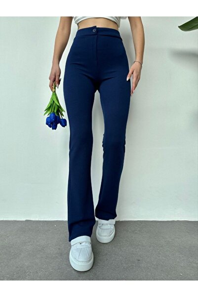 WellWay Kadın Full Likralı Ithal Krep Kumaş Önü Çimalı Geniş Paça Palazzo Pantolon-lacivert