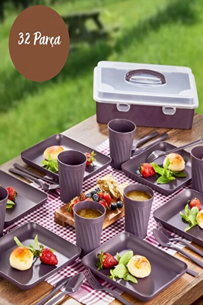 MasterCar 32 Parça Mürdüm Piknik Seti Premium Kalite Piknik Mangal Seti Tabak, Bıçak, Çatal, Kaşık, Bardak Set