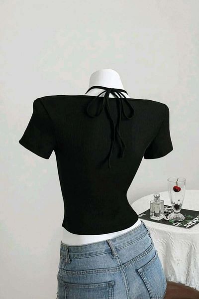 Köstebek Tie-Up Lace Short Sleeve Crop T-Shirt
