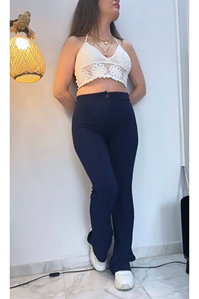 WellWay Kadın Full Likralı Ithal Krep Kumaş Önü Çimalı Geniş Paça Palazzo Pantolon-lacivert