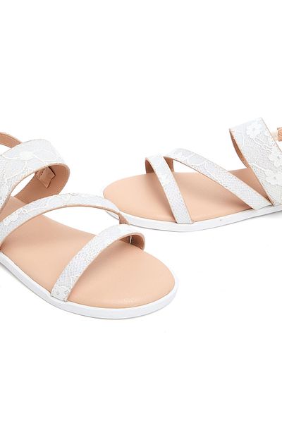 R&B White Laced Slingback Flat Sandals For Girls