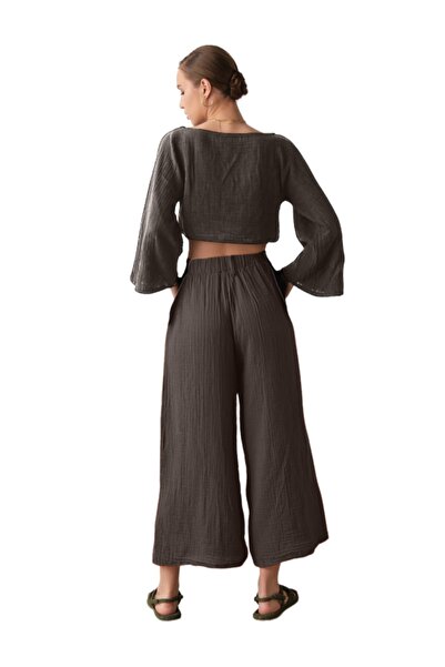 clavia Muslin Two-Piece Summer Suit, High Waist Wide Leg Pants, Spanish Sle Crop Bustier, Bottoming Top Set