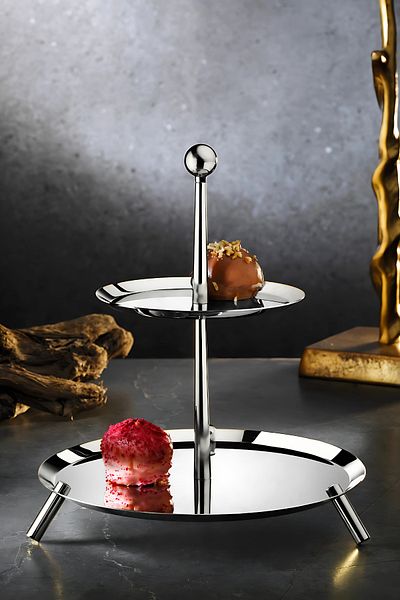 ÖzSa Home Medium Footed 18/10 Stainless Steel 2 Tier Presentation Stand Metal Footed Presentation Stand
