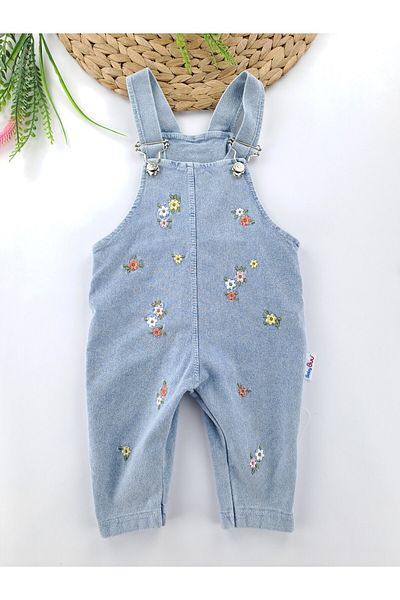 Butik Girl / Baby Denim Salopet Jumpsuit T-Shirt Two Piece Set Flower Embroidered 100% Organic Cotton Premium