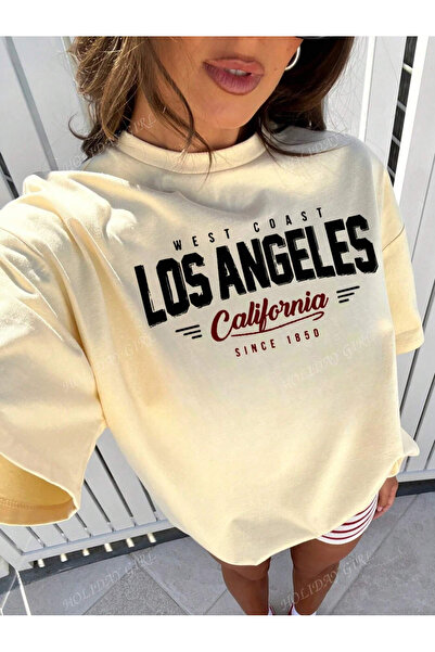 LAMASTRE Kadın Bej Los Angeles Baskılı Tshirt - Bisiklet Yaka Oversize