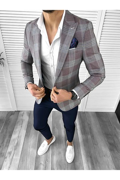 dehaine Men's Slim Fit Checkered Jacket 1181 Burgundy