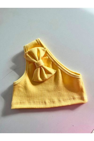 HEREN BUTİK Women/Girls Bowknot One Shoulder Crop Blouse 100% Cotton Twill Stretch Fabric Two Piece Set Yellow&Pink