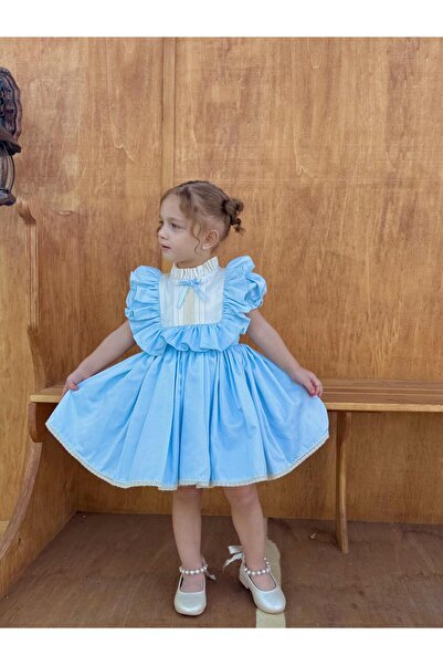 Linarookids Defne Mavi Fiyonklu Vintage Kız Bebek Elbise,Doğum günü elbise,fotoğraf çekim elbise,0-7 Yaş Uygun