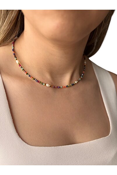 By Saadet Özkanlı Kadın Çok Renkli Kristal Boncuklu İnci Kolye El Yapımı Ayar...