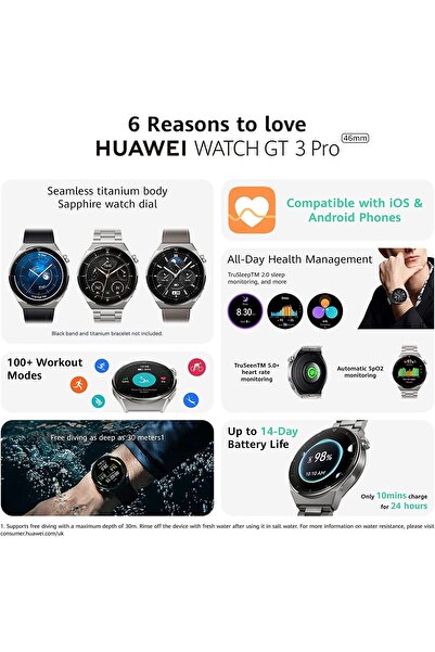 Huawei WATCH GT 3 Pro Smartwatch, 46mm, Free-diving Mode, Durable Battery Life, Wireless Fast Chargi