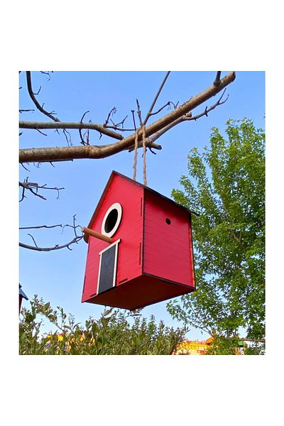 WoodenZoo Wooden Decorative Bird House Nest, Nest, Balcony, Garden Accessory (Red 16X10X22 cm)