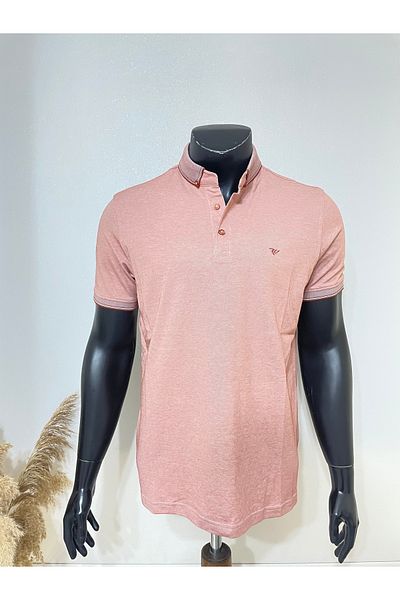 Sadık Collection Ανδρικό μπλουζάκι με κουμπιά με λαιμόκοψη με κουμπιά χωρίς τσέπες με ραβδώσεις Mercerized υφασμάτινο μπλουζάκι σε χρώμα τούβλο