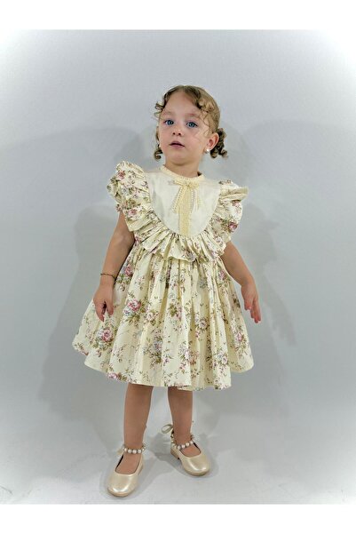 Linarookids Defne Krem Çiçekli Vintage Kız Bebek Elbise,Doğum günü elbise,fotoğraf çekim elbise,0-7 Yaş Uygun