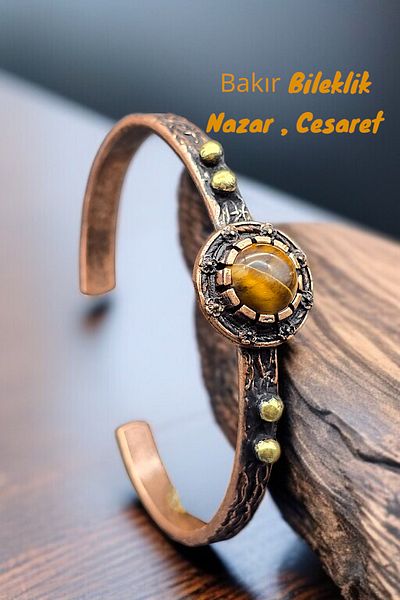 NBS Beautiful Naturel Stones Copper Bracelet (Pure) Adjustable Tiger Eye Stone Antique Unique Design (Evil Eye)