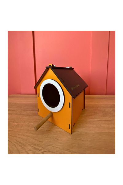 WoodenZoo عش بيت الطيور الخشبي المزخرف، عش، شرفة، ملحقات الحديقة (برتقالي)