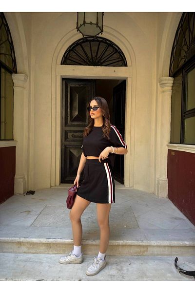 Gameyal Women's Comfortable Modal Fabric Shorts Skirted Stripe Detailed T-Shirt Set
