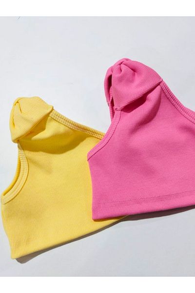 HEREN BUTİK Women/Girls Bowknot One Shoulder Crop Blouse 100% Cotton Twill Stretch Fabric Two Piece Set Yellow&Pink