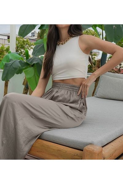 nidistore Khaki Color Elastic Waist Wide Leg Satin Trousers