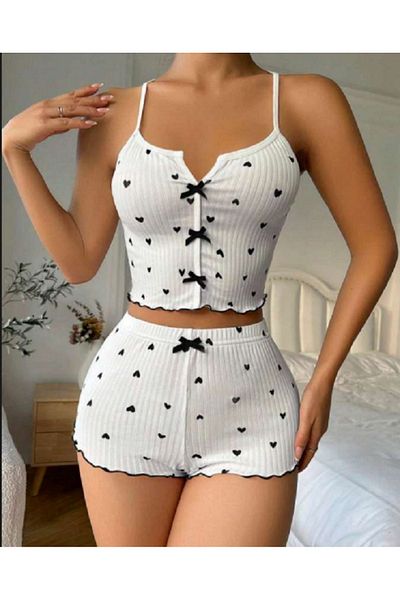 Bleu Petite Patterned Knitted Women's Shorts Pajama Suit