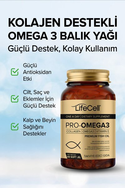 Lifecell Omega3 Epa Dha 2000mg - 60 Adet Soft Jel Balık Yağı Desteği (KOLAJEN VE VİTAMİN E IÇERİKLİ)
