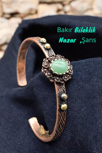 NBS Beautiful Naturel Stones Copper Bracelet (Pure) Adjustable Aventurine Luck Stone Antique Unique Design (Evil Eye)