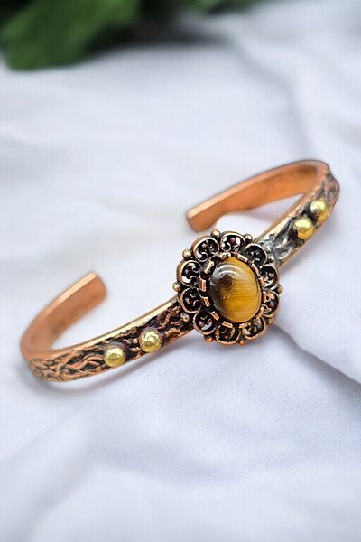 NBS Beautiful Naturel Stones Copper Bracelet (Pure) Adjustable Tiger Eye Stone Antique Unique Design (Evil Eye)