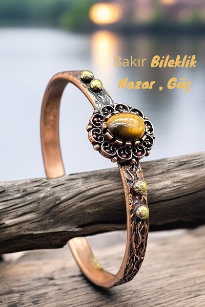 NBS Beautiful Naturel Stones Copper Bracelet (Pure) Adjustable Tiger Eye Stone Antique Unique Design (Evil Eye)