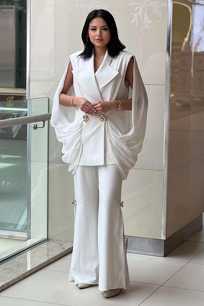 MİANOTTE Mianotte Gold Hunk Button Chiffon Detailed Jacket Vest Pants Set