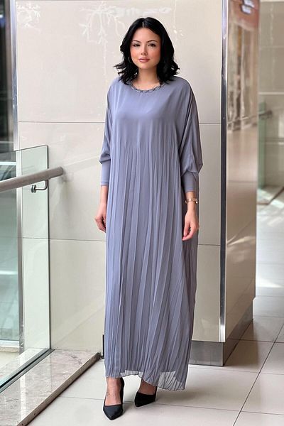Ceremony Sandy Detailed Shirred Chiffon Dress with Sleeves
