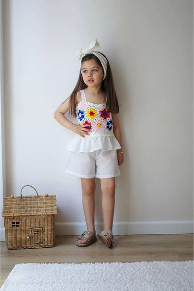 Kidmark Çocuk Modası Girl's Embroidered Shorts White Summer Suit