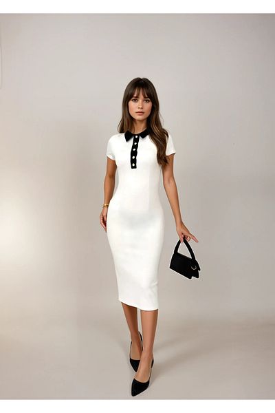 MAYELN Gold Buttoned Polo Neck White Dress - Stylish & Casual Midi Dress