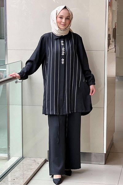 FUAT GÜRSEN Fuat Gürşen Front Stone Striped Shirt Pants Set