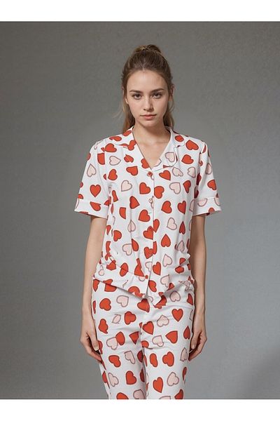Loule Women's Home Wear Cotton Heart Patterned Short Sleeve Pajamas Set O1.L01.Ivsa.05