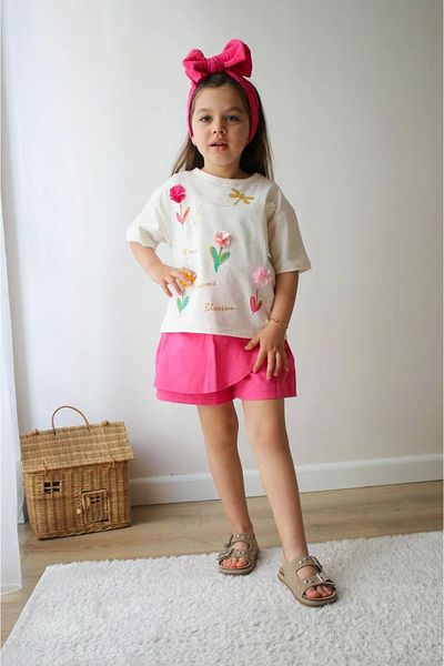 Kidmark Çocuk Modası Girl's 3D Flower Embroidered Shorts Skirt Summer Suit
