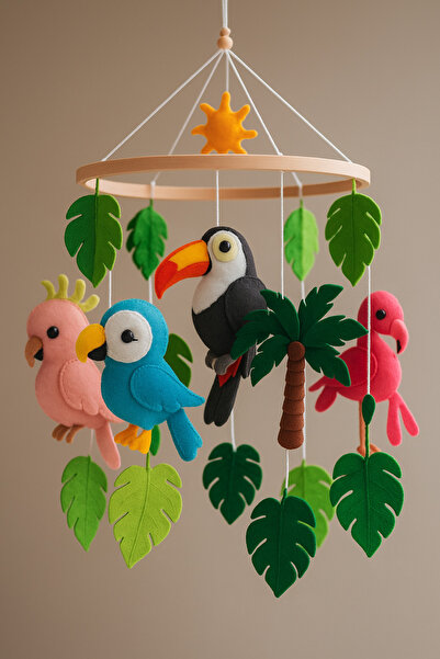 FN Tropikal Temalı Keçe Bebek Dönencesi Kuş Figürlü, Renkli, Beşik Üstü Dekor...