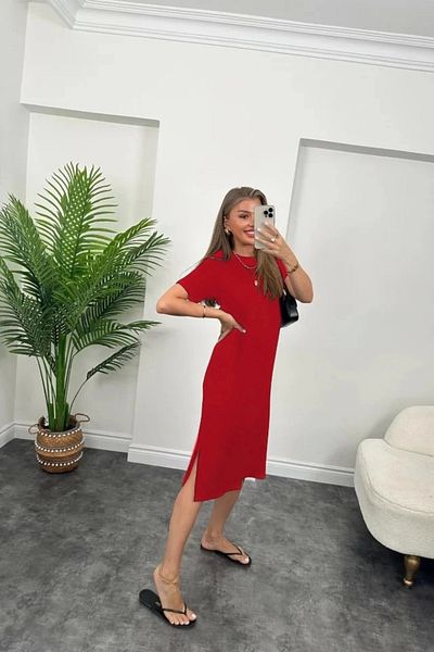 POLEXP Women's Short Sleeve Slit Detailed Loose Viscose Dress