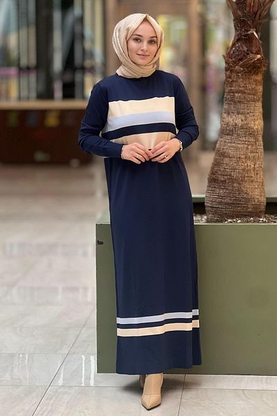 Nuss Mercerized Dress with Colorful Horizontal Stripe on Bust and Hem