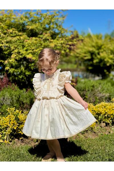 Linarookids Defne Krem Vintage Kız Bebek Elbise,Doğum günü elbise,fotoğraf çekim elbise,0-7 Yaş Uygun