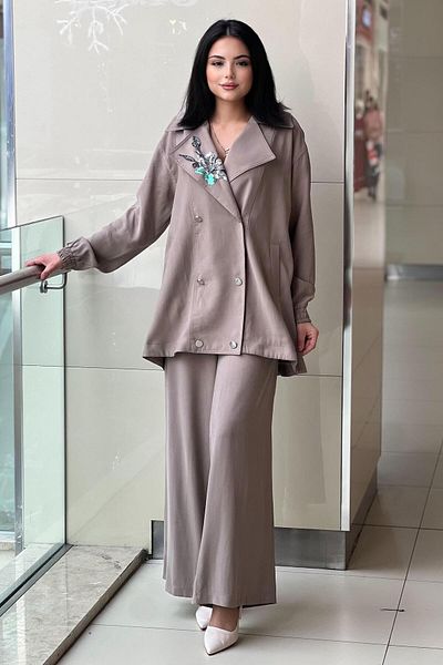 Nurcan Çetin Double Breasted Lapel Collar Embroidered Six Button Jacket Trousers Set