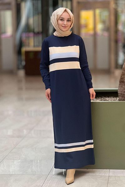 Nuss Mercerized Dress with Colorful Horizontal Stripe on Bust and Hem
