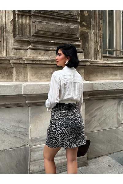MY LİKA Mini Leopard Denim Skirt