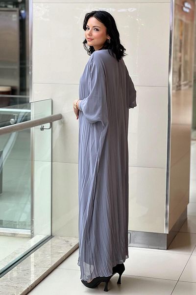 Ceremony Sandy Detailed Shirred Chiffon Dress with Sleeves